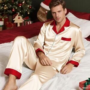 NWT ~ Men's Cream & Red Satin Pajamas Special Occasion Holiday PJ's